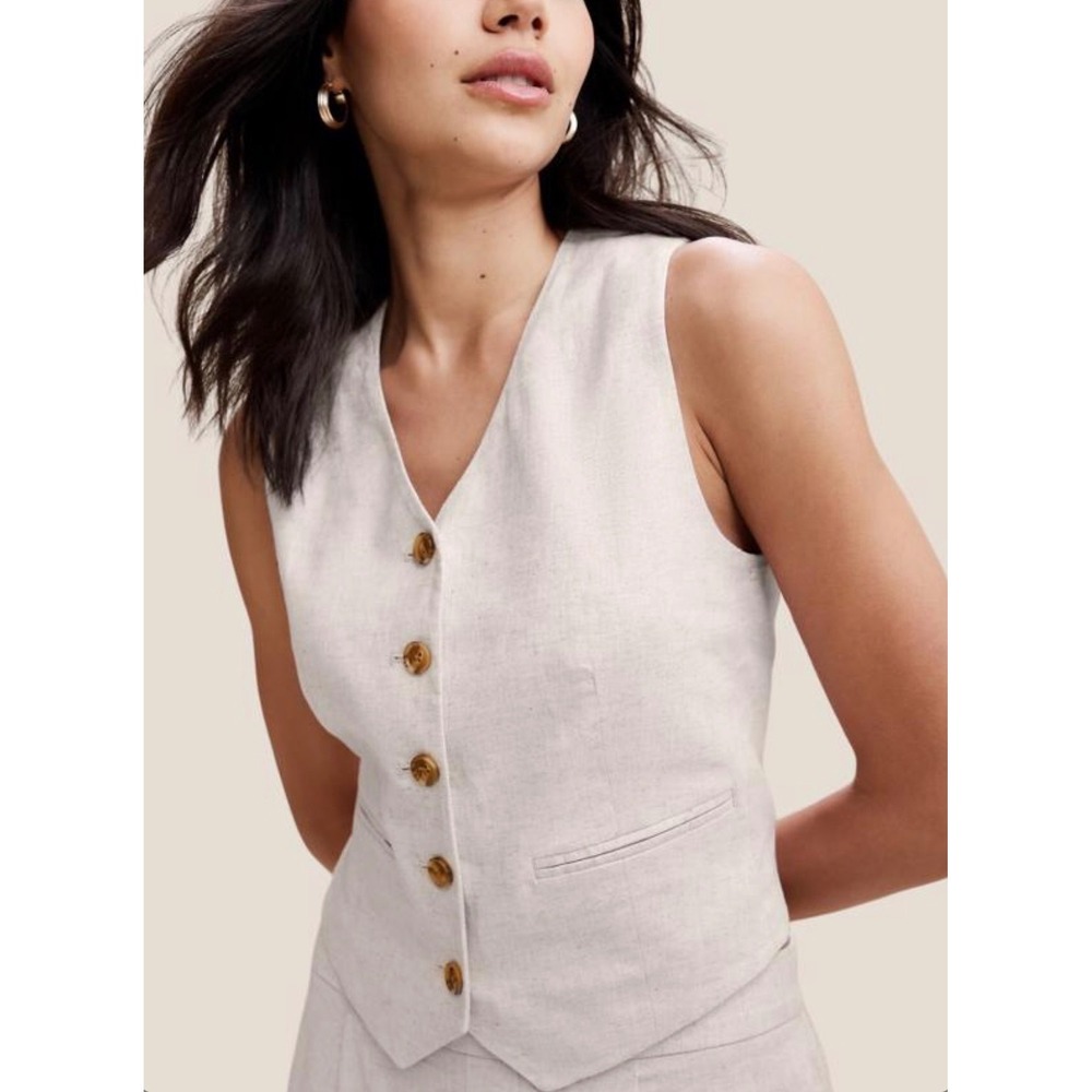 Banana Republic Linen Blend Flax Cream Herringbone Cropped Vest Women's Size 2